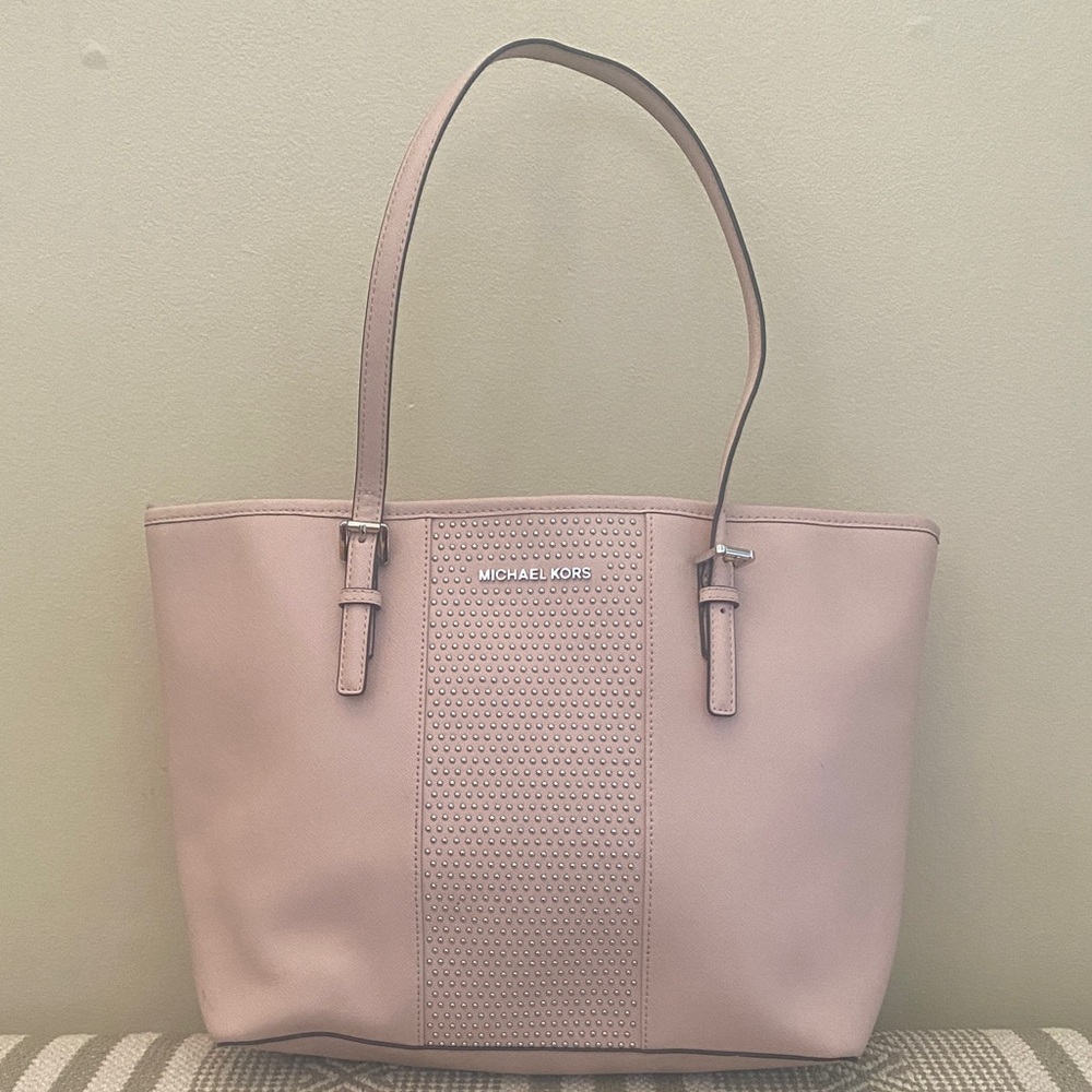 MK Michael Kors Jet Set Micro-Stud Stripe Saffiano Bag blush pink. Travel tote
